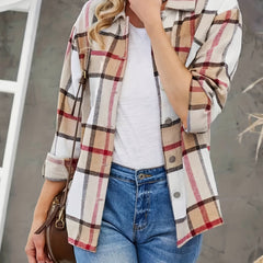  Plaid Print Button Up Long Sleeve Shacket