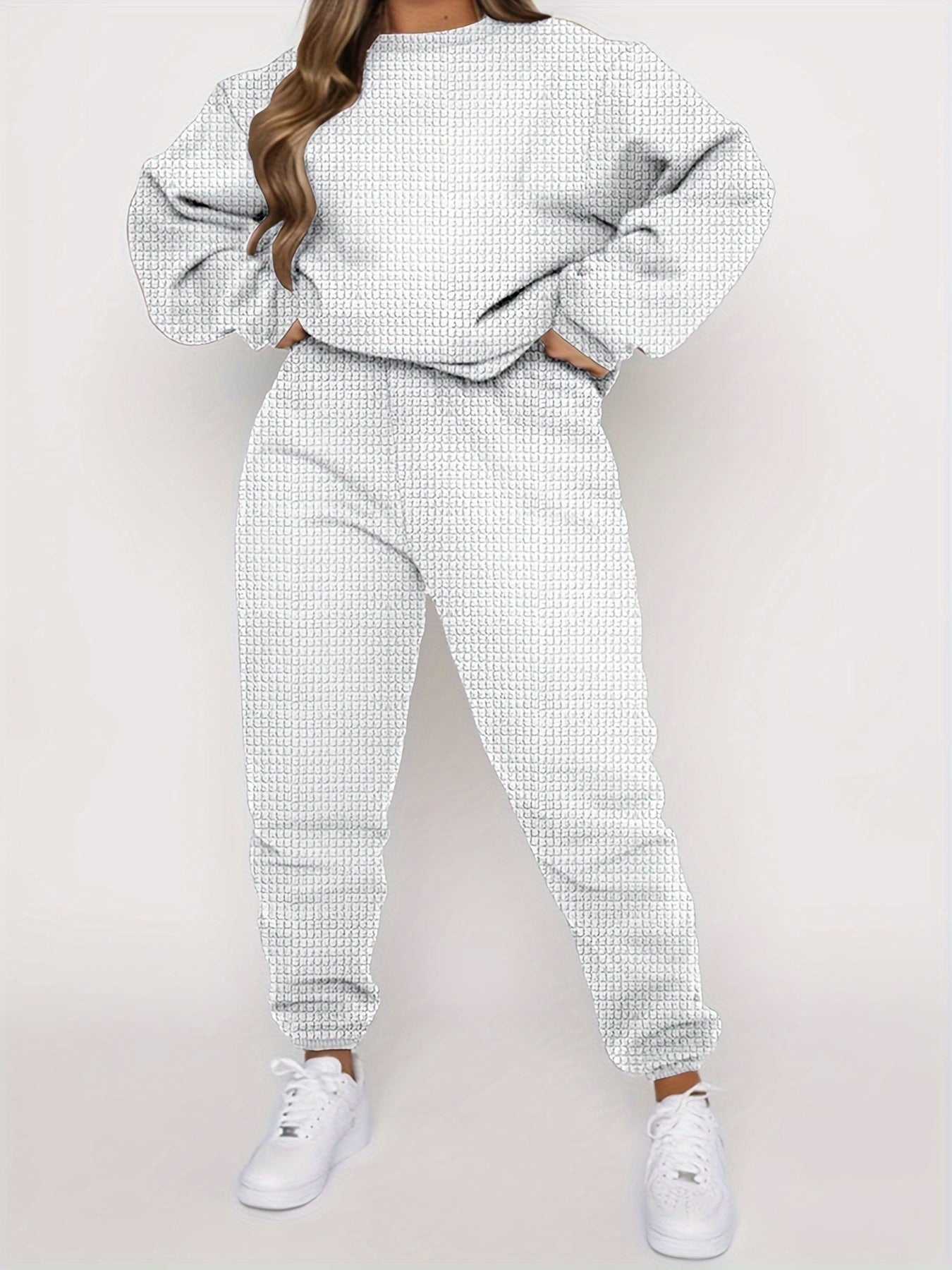 Plus Size Checkered Crew Neck Pullover & Joggers Set