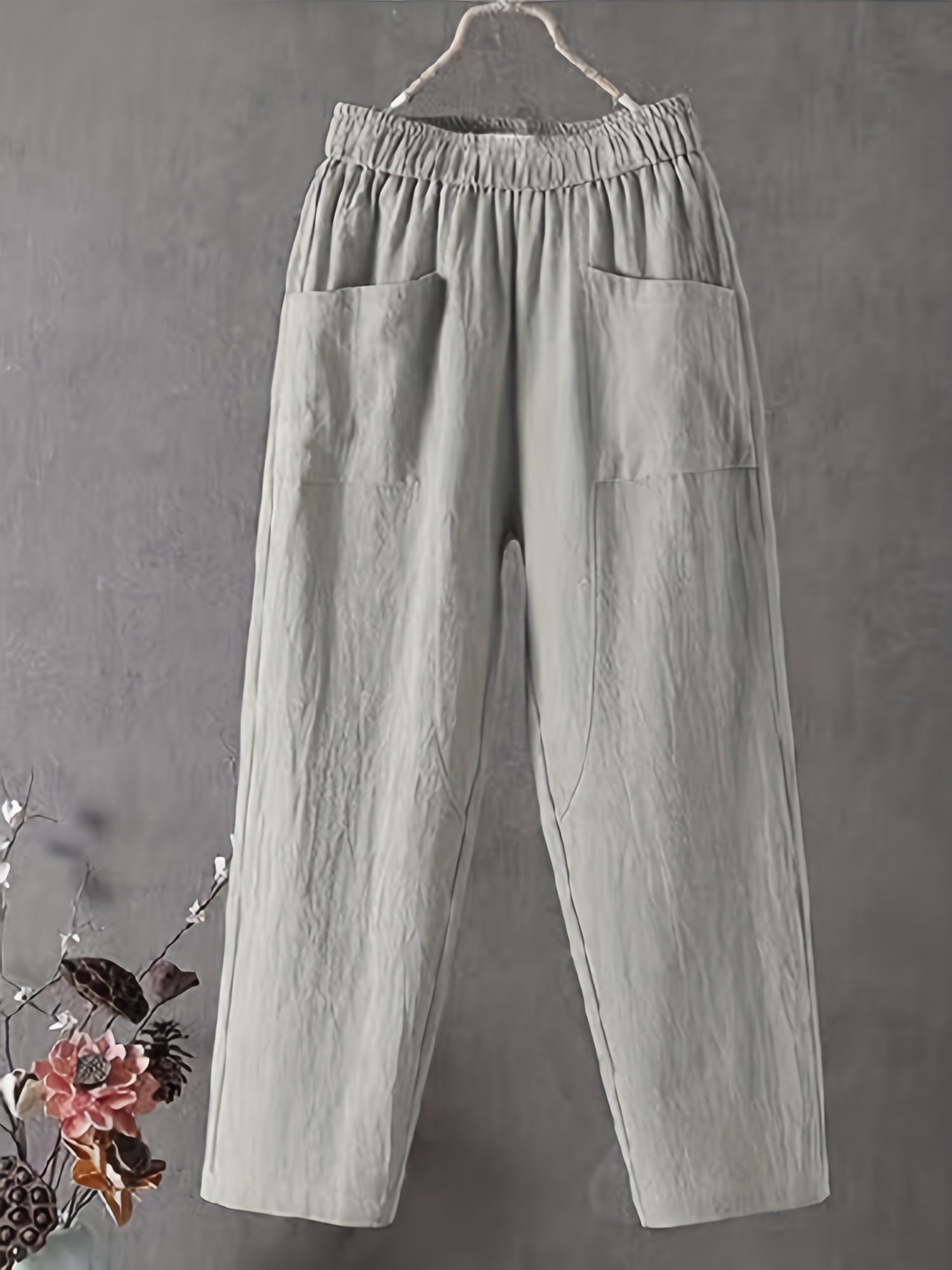  Solid Elastic Waist Straight Leg Pants