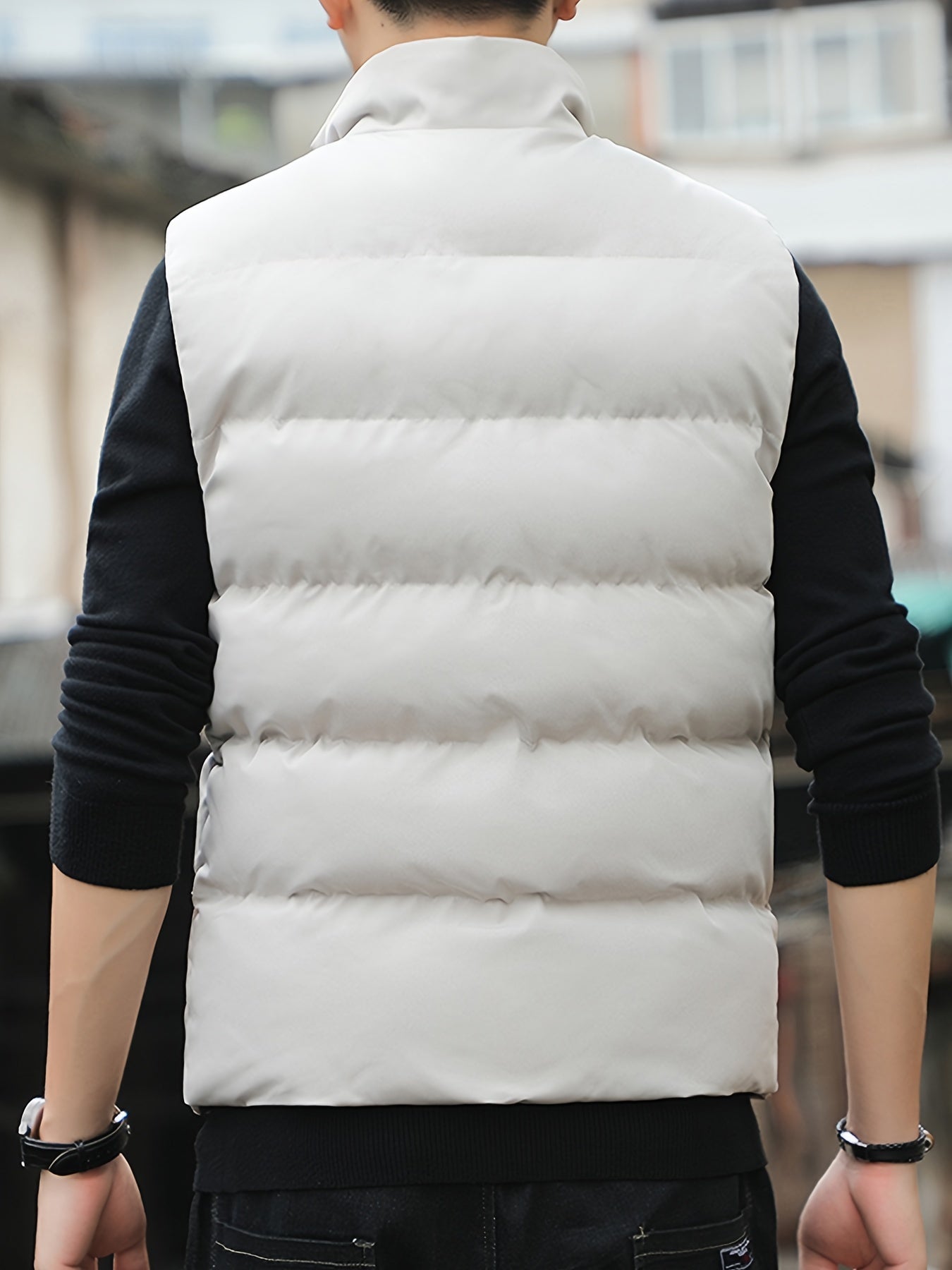Men's Sleeveless Cotton Padded Jacket Winter Stand Collar Faux Down Zip Vest