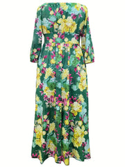 Floral Print Off Shoulder Boho Dress V Neck Thigh Slit