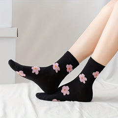 3 Pairs Floral Print Socks Comfy & Breathable Women's Mid Tube Stockings