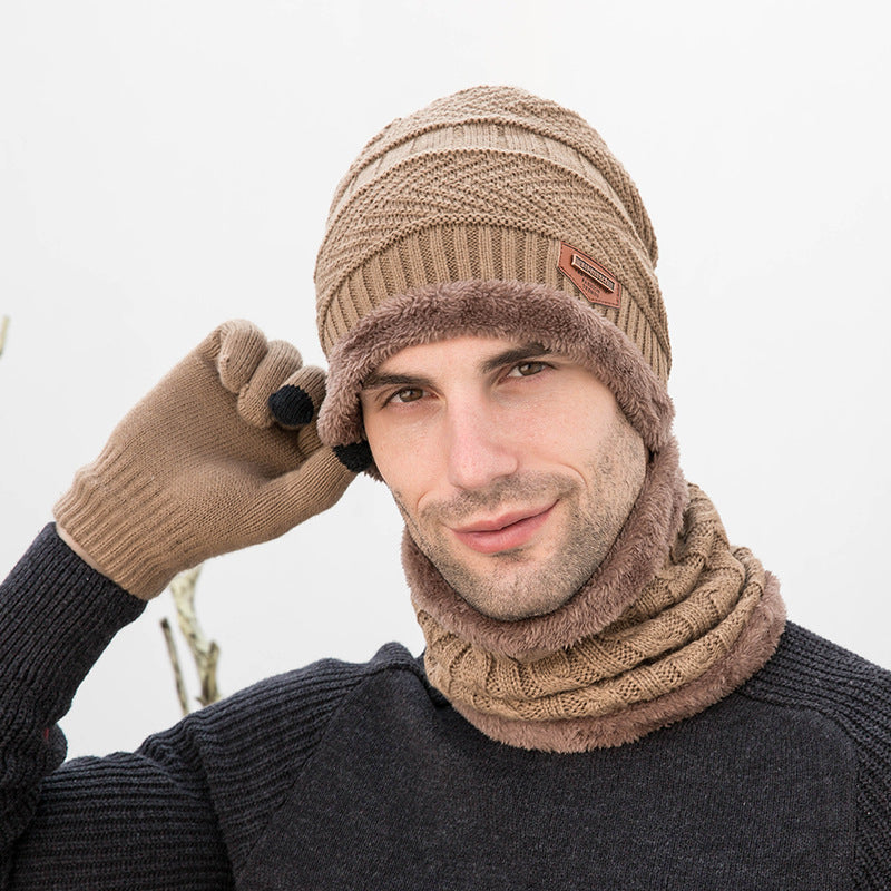 3pcs Casual Fleece Knitted Men's Outdoor Warm Hat Halter Gloves