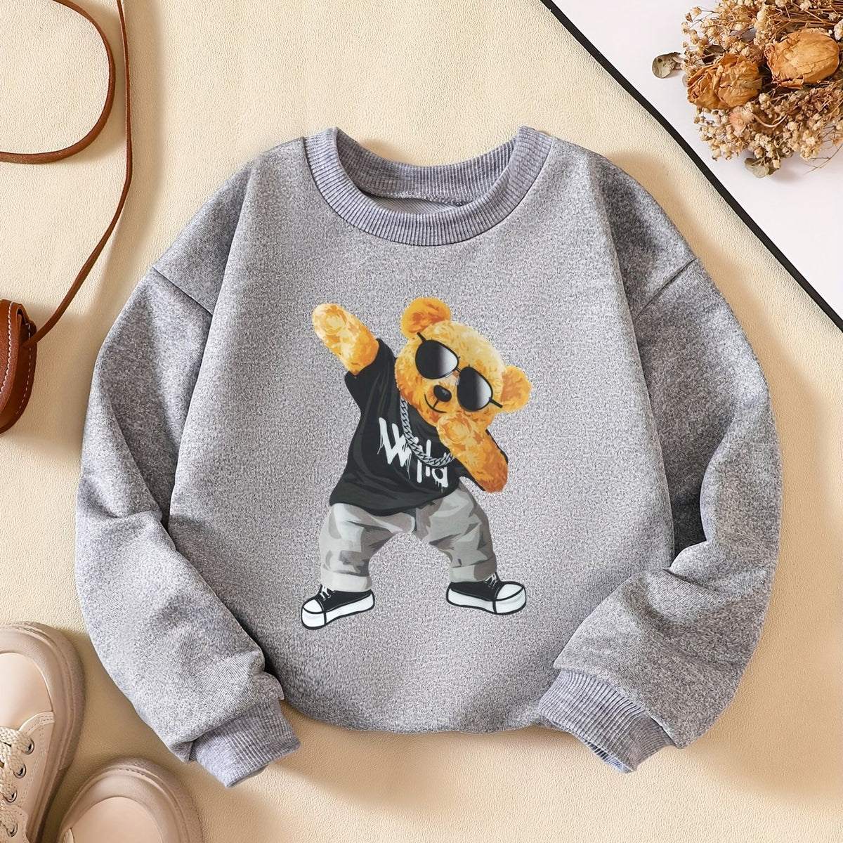 Girls' Hip Hop Bear Print Crew Neck Sweatshirt Long Sleeve Pullovers