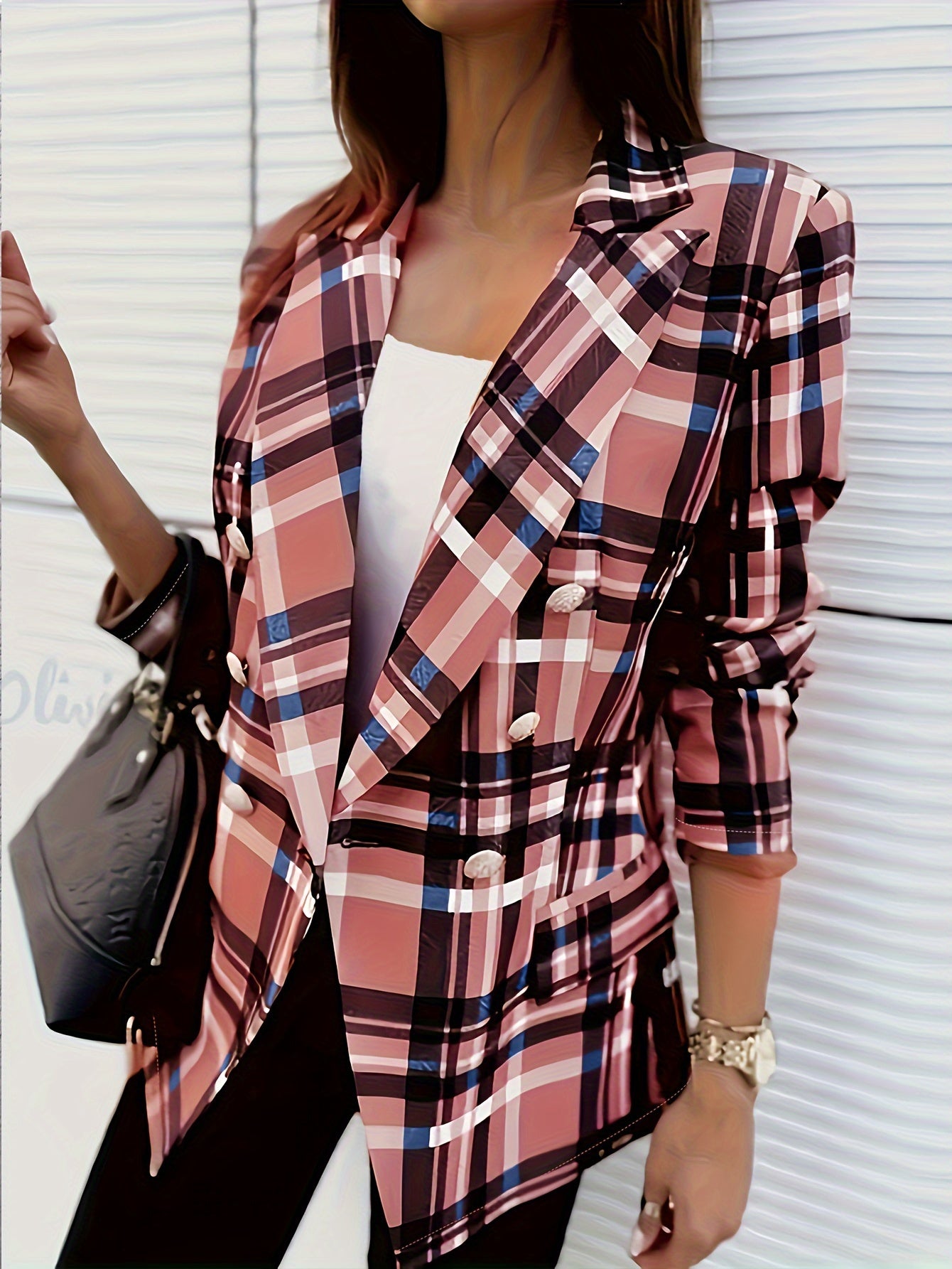  Plaid Print Long Sleeve Lapel Double Button Blazer