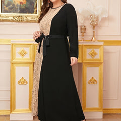 Colorblock Sequin Maxi Dress Plus Size Round Neck Long Dress