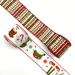 4.57m Christmas Wired Edge Ribbon Little Doll Hats & Legs Stripes Dots Diagonal