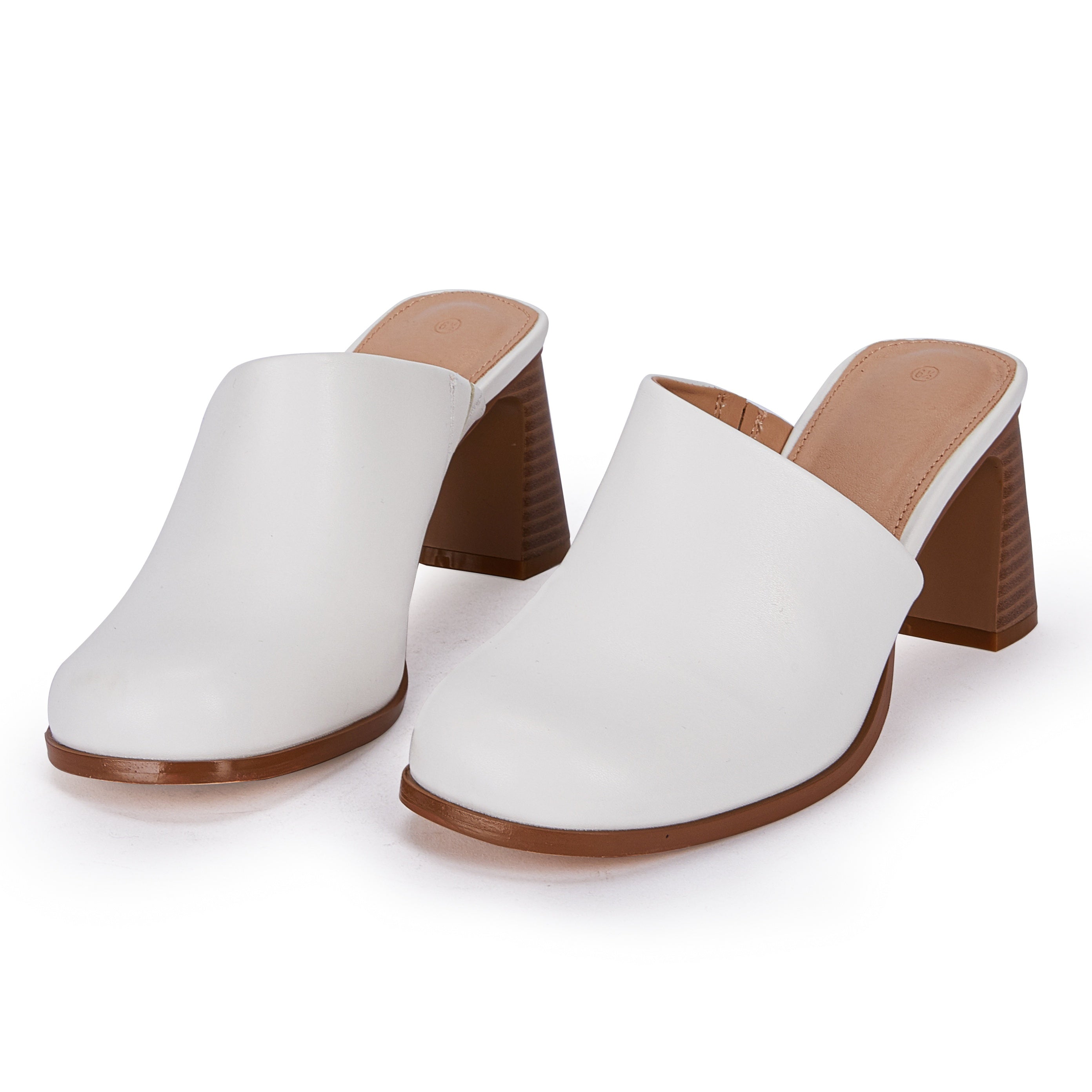 Women's Chunky Heeled Mules Slip On Stacked Heels Faux Leather