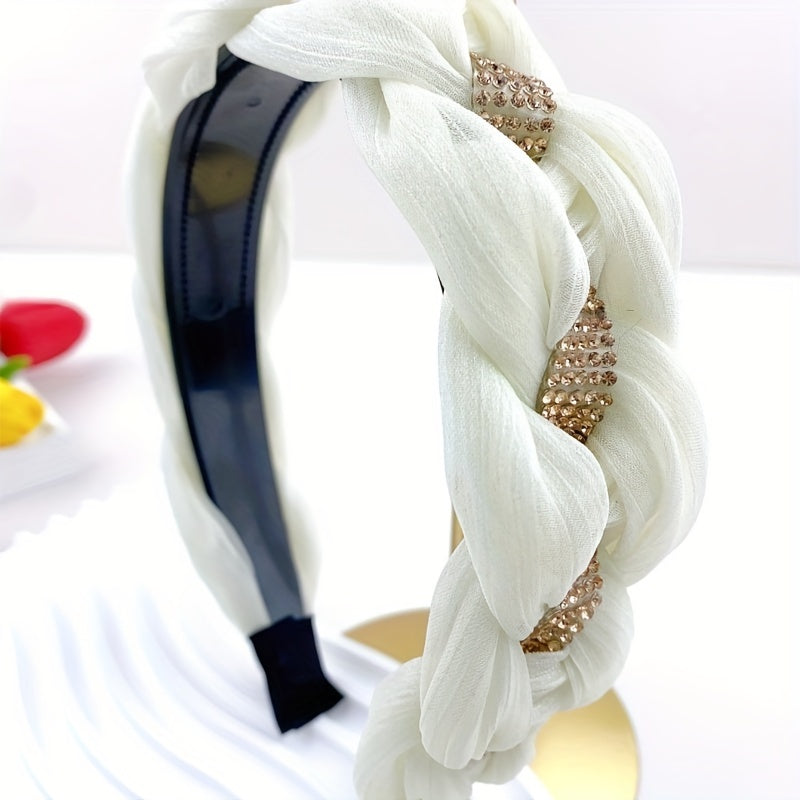 Braided Organza Headband Rhinestone Wide Headdress Hair Band