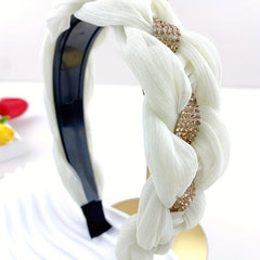 Braided Organza Headband Rhinestone Wide Headdress Hair Band