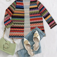  Colorblock Knit Print Long Sleeve Cardigan