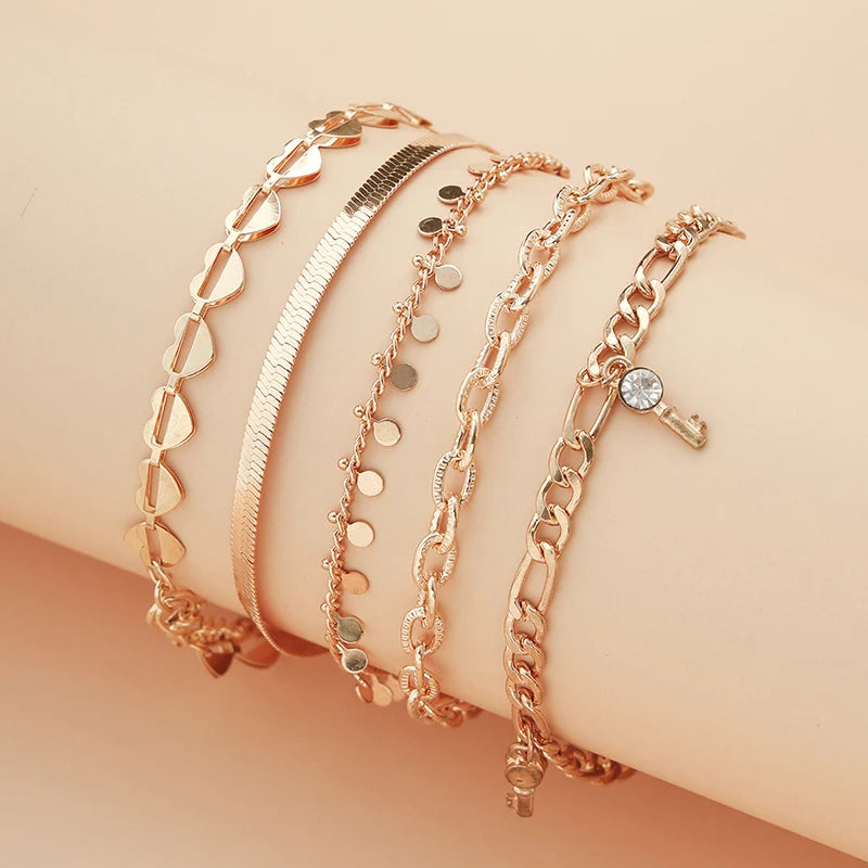 5Pcs Heart Anklet Chain Set for Women, Boho Foot Jewelry Gift