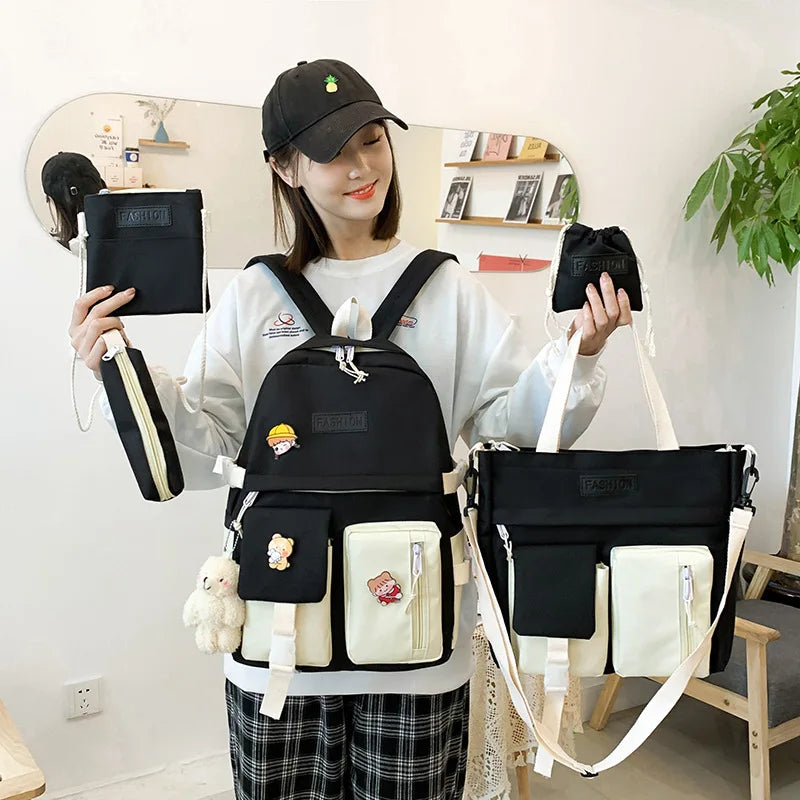 Waterproof Canvas Backpack School Bags for Teenage Girls - Solid Handbag Women