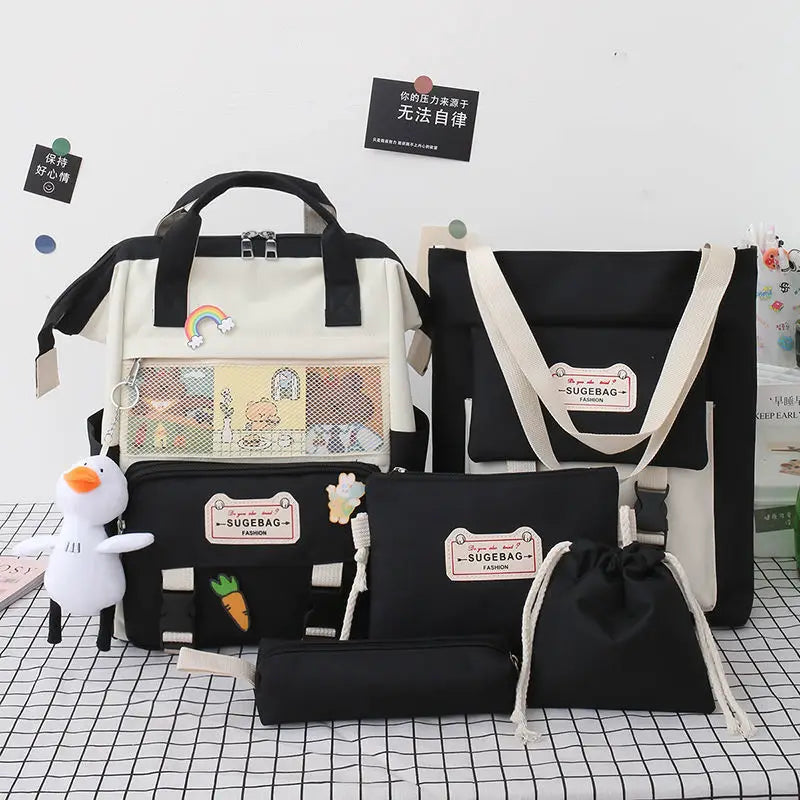 5Pcs Canvas School Backpacks for Teenage Girls
