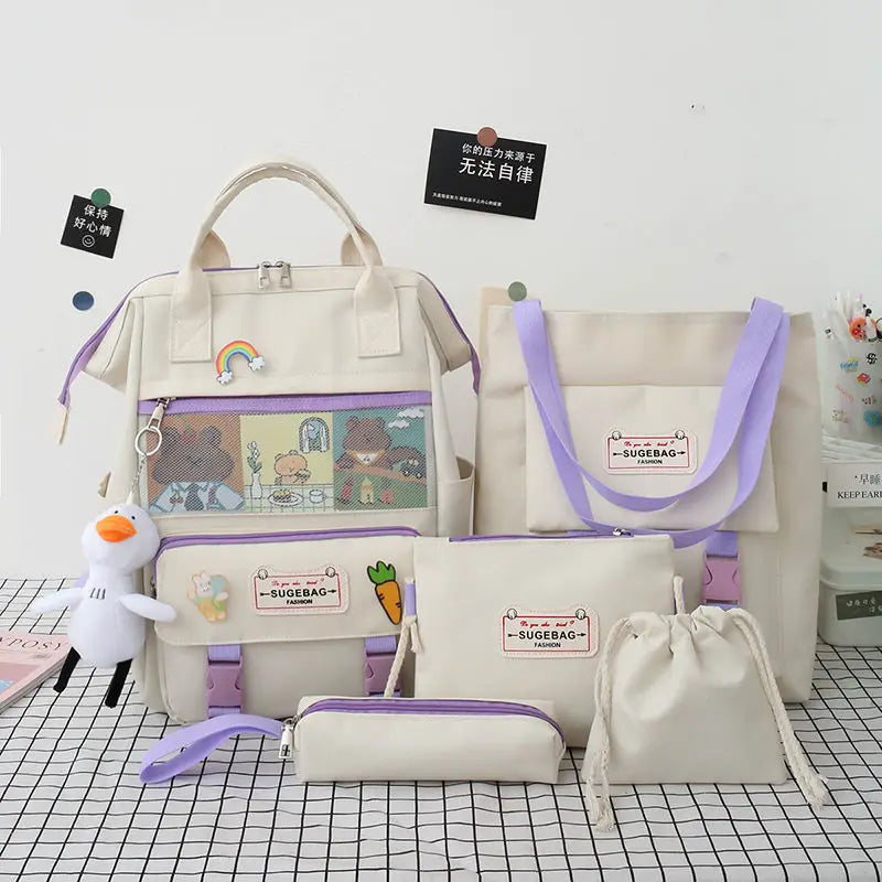 5Pcs Canvas School Backpacks for Teenage Girls