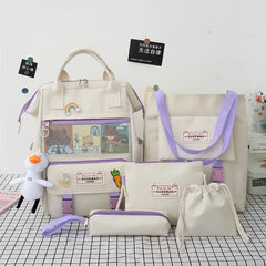 5Pcs Canvas School Backpacks for Teenage Girls