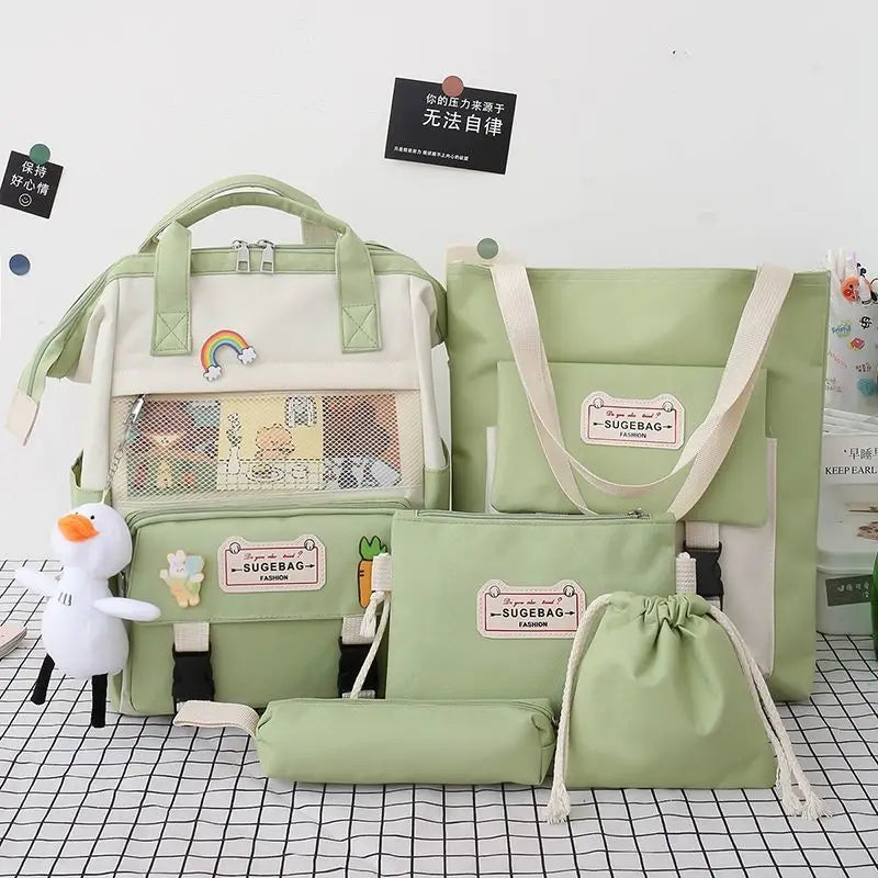 5Pcs Canvas School Backpacks for Teenage Girls