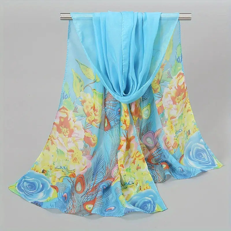 Phoenix Feather Print Chiffon Scarf Boho Shawl Sunscreen Head Wrap