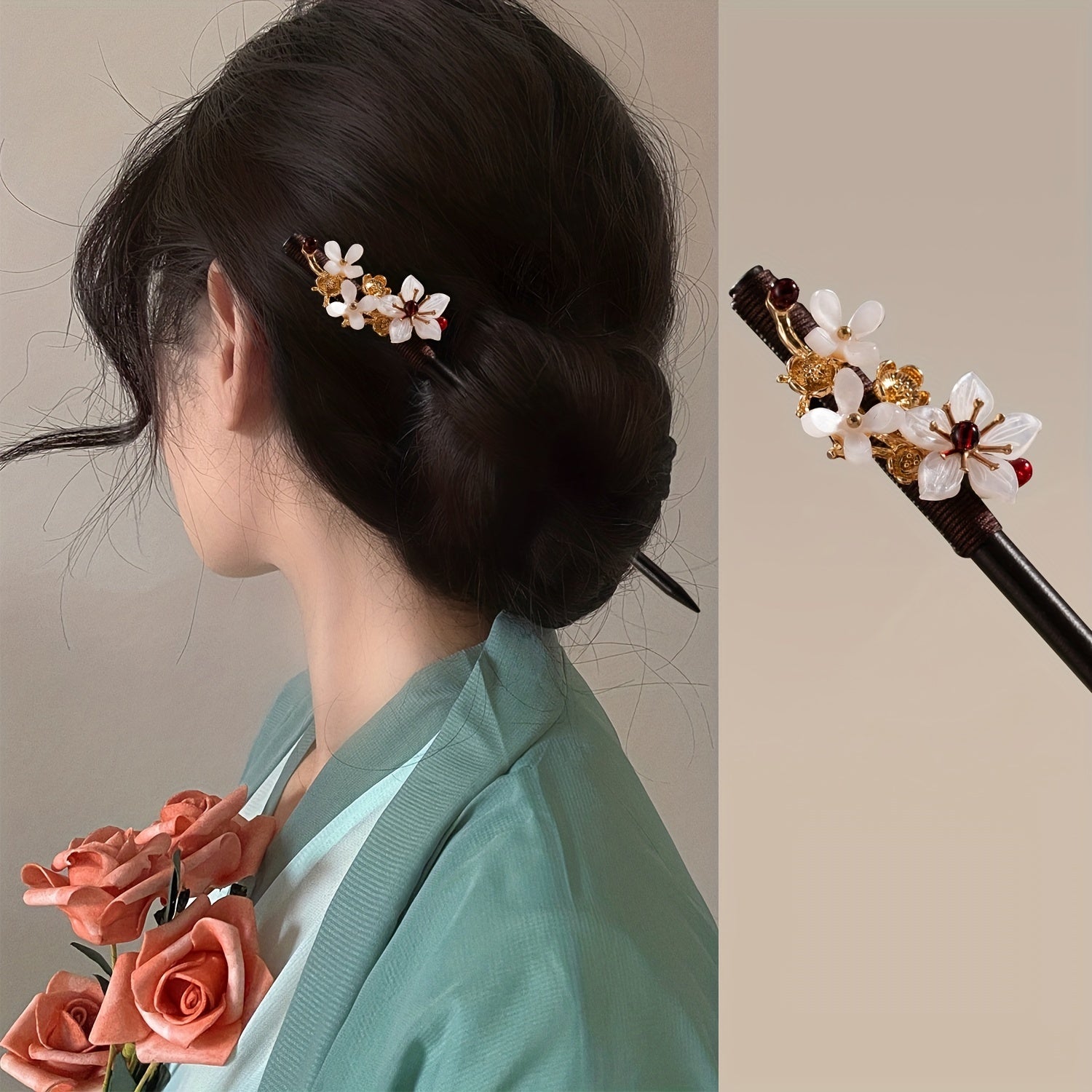 Flower Hairpin Wooden Hair Stick Ponytail Holder Hair Accessories