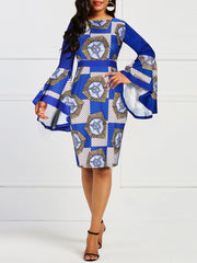  Geometric Print Bell Sleeve Round Neck Dress