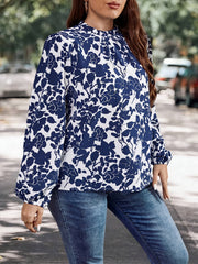 Women's Plus Floral Print Ruffle Trim Lantern Sleeve Mock Neck Blouse
