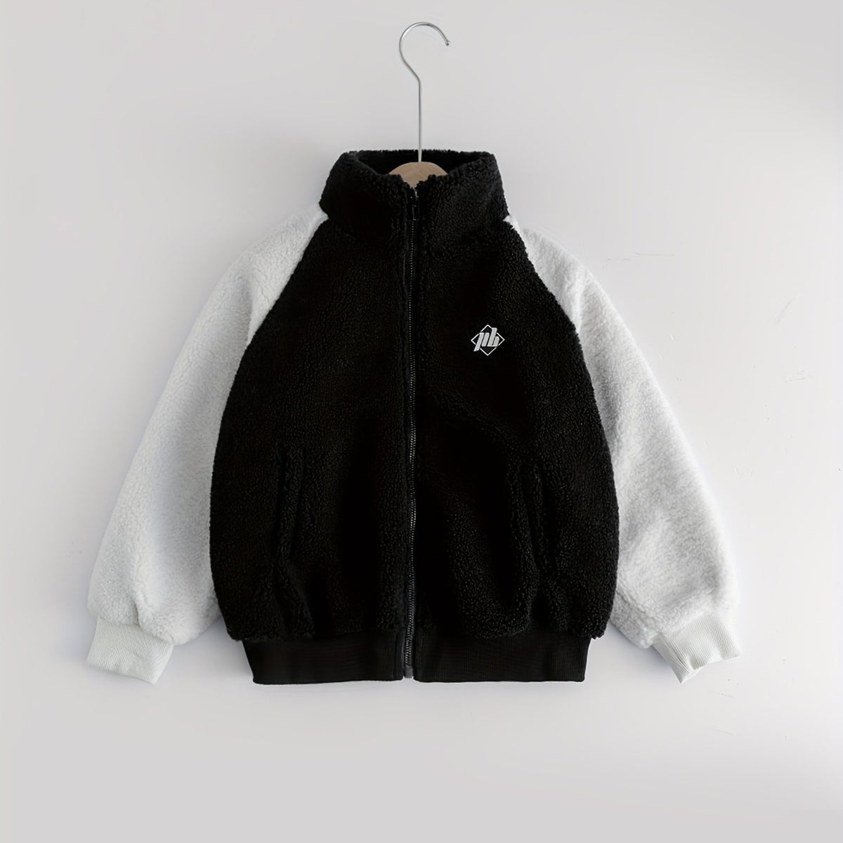 Boys Fuzzy Fleece Jacket Letter Patchwork Stand Collar Kids Warm Zipper Coat
