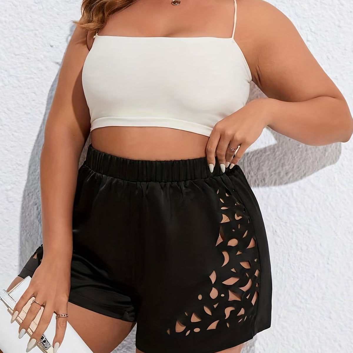  Casual Shorts Women's Plus Solid Hollow Out Elastic High Rise Shorts