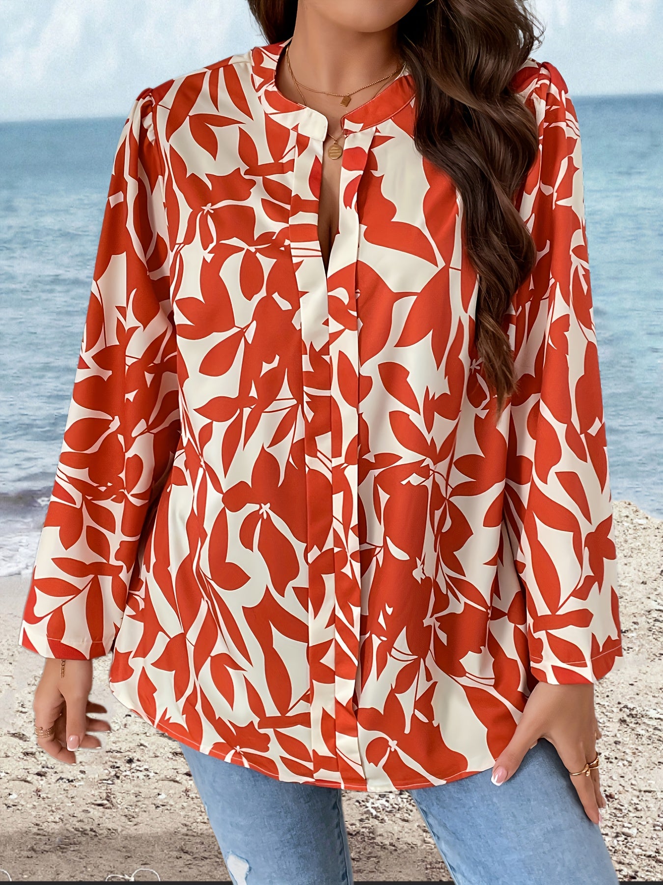  Floral Print Puff Sleeve Notched Neck Blouse