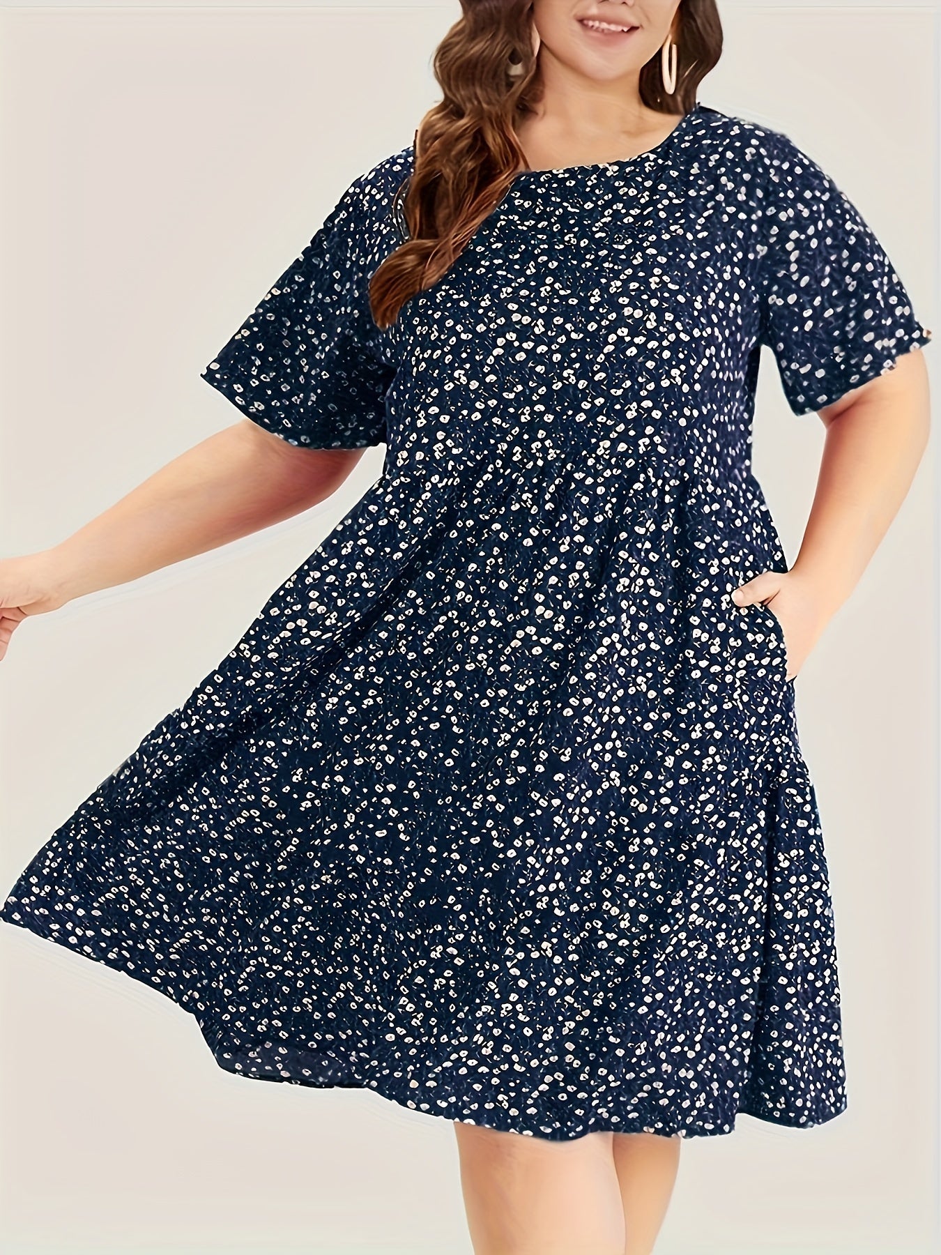  Ditsy Print Short Sleeve Round Neck Dress