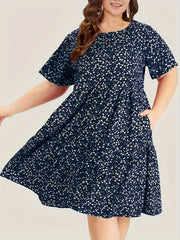  Ditsy Print Short Sleeve Round Neck Dress