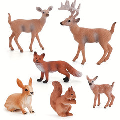 6pcs PVC Animal Set: Deer, Fox, Squirrel, Rabbit, Reindeer Desktop Ornament
