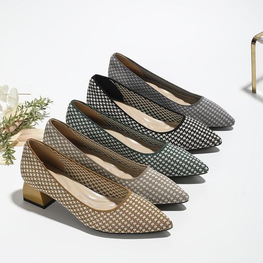Women's Houndstooth Slip On Chunky Heels Lightweight Shoes