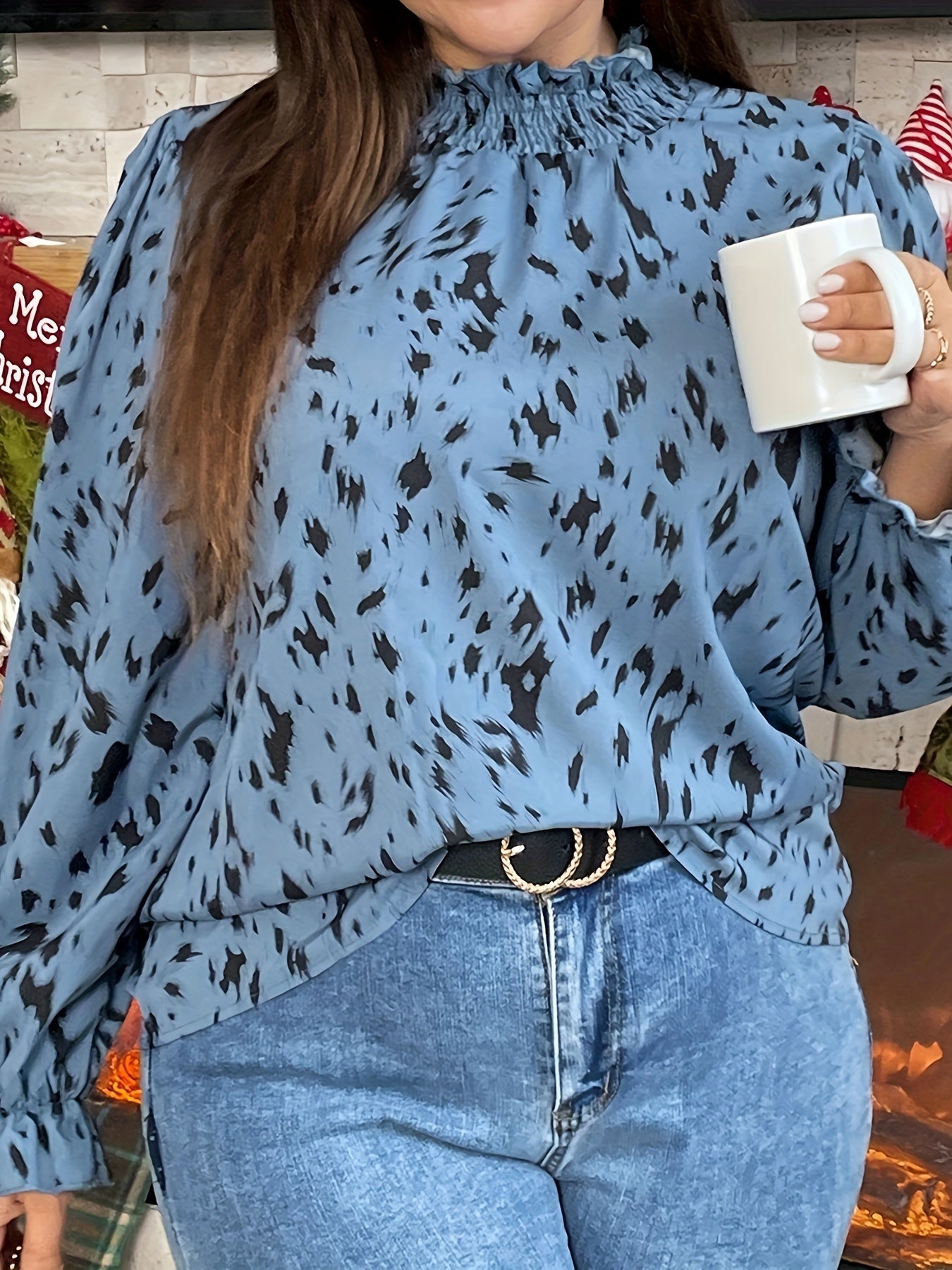 Leopard Print Lantern Sleeve Mock Neck Top