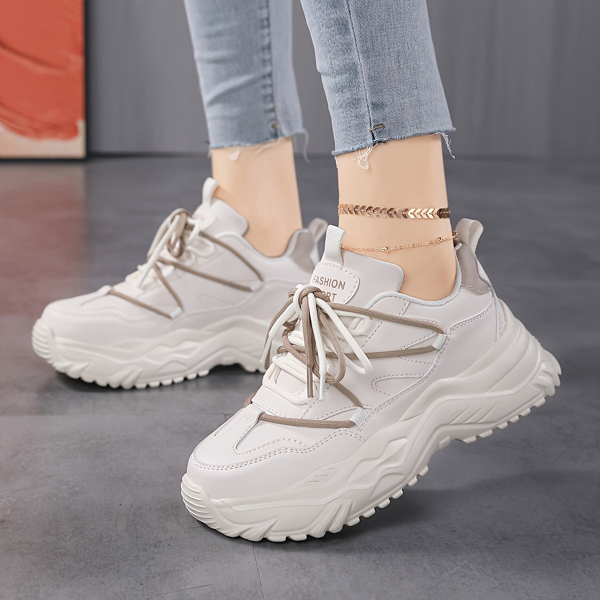 Women's Faux Leather Chunky Sneakers Casual Lightweight Running Shoes