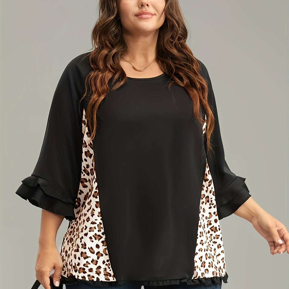  Colorblock Leopard Print Ruffle Bell Sleeve Blouse
