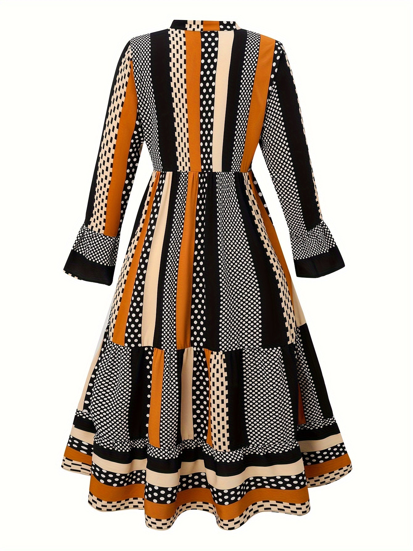  Colorblock Dot & Stripe Flounce Sleeve Smock Dress