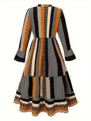  Colorblock Dot & Stripe Flounce Sleeve Smock Dress