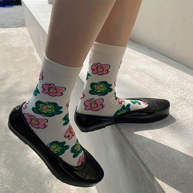 4 Pairs Floral Print Socks Comfy & Breathable Mid Tube Socks Women's Stockings