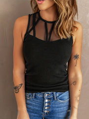 Contrast Mesh Tank Top Round Neck Stretch Crinkle Tank