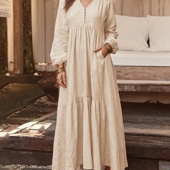  Solid Button Up V Neck Smock Maxi Dress