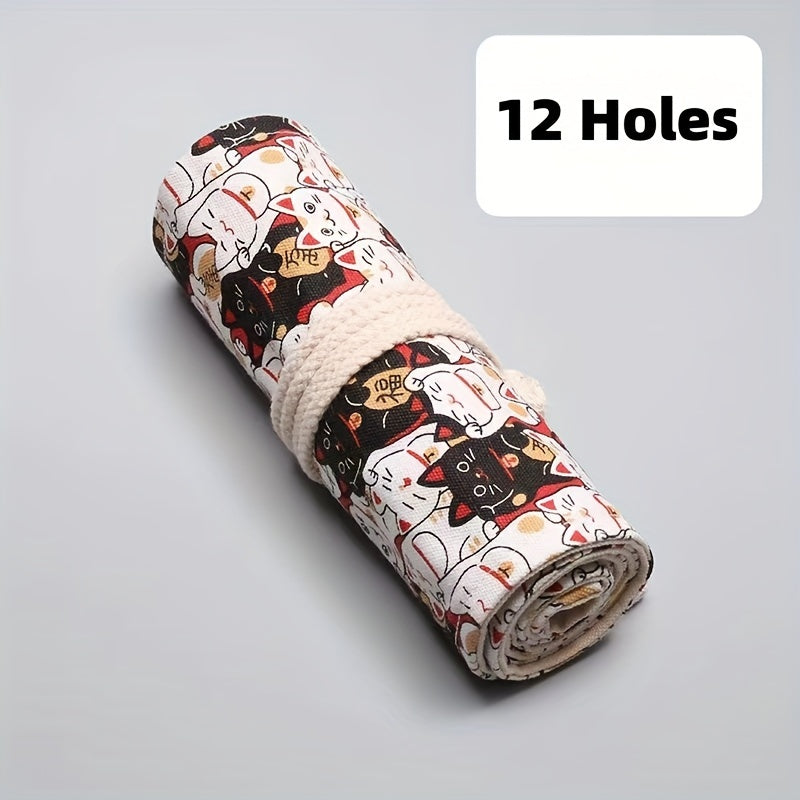 Lucky Cat Canvas Art Pen Curtain Pencil Case Large Capacity Storage Bag