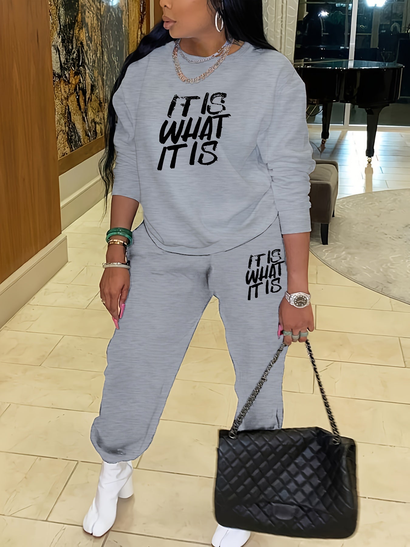  Women's Slogan Print Top & Joggers Set