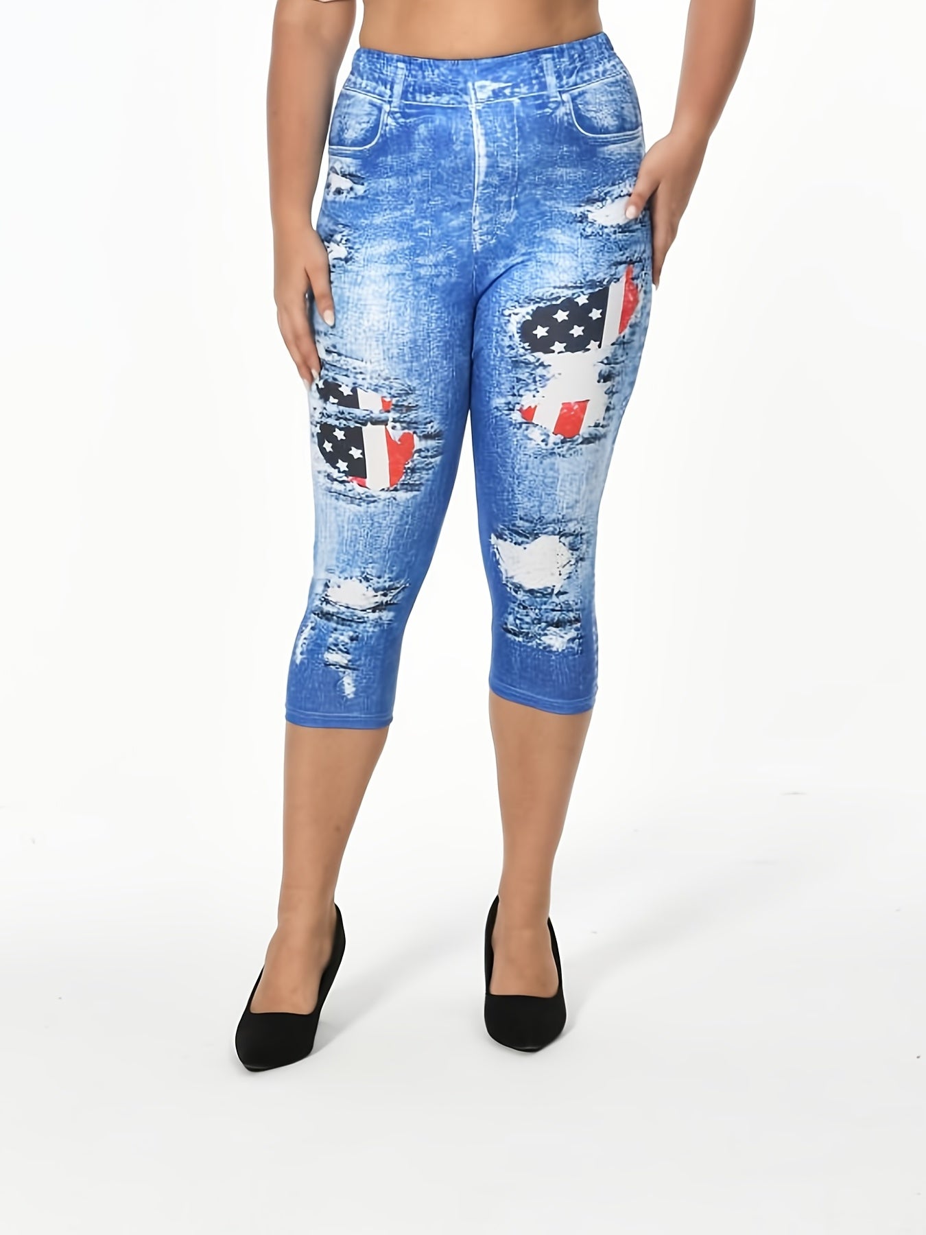  Flag & Denim Print High Waist Leggings