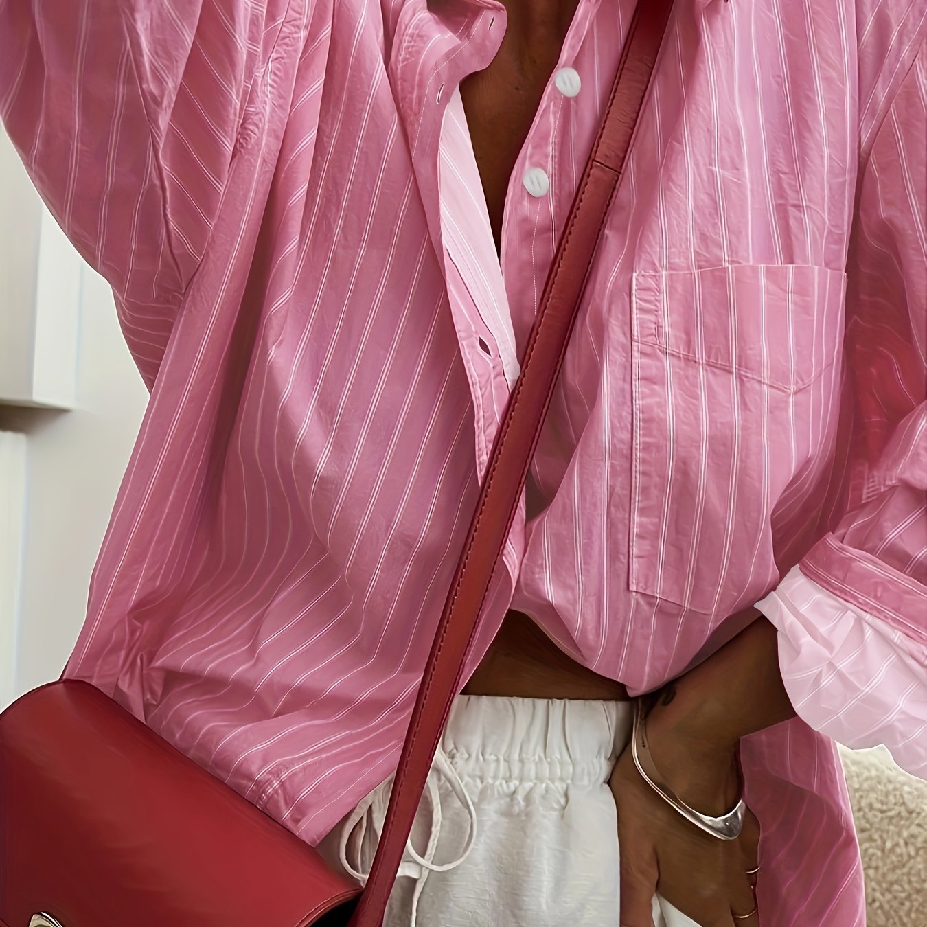  Striped Button Up Long Sleeve Blouse