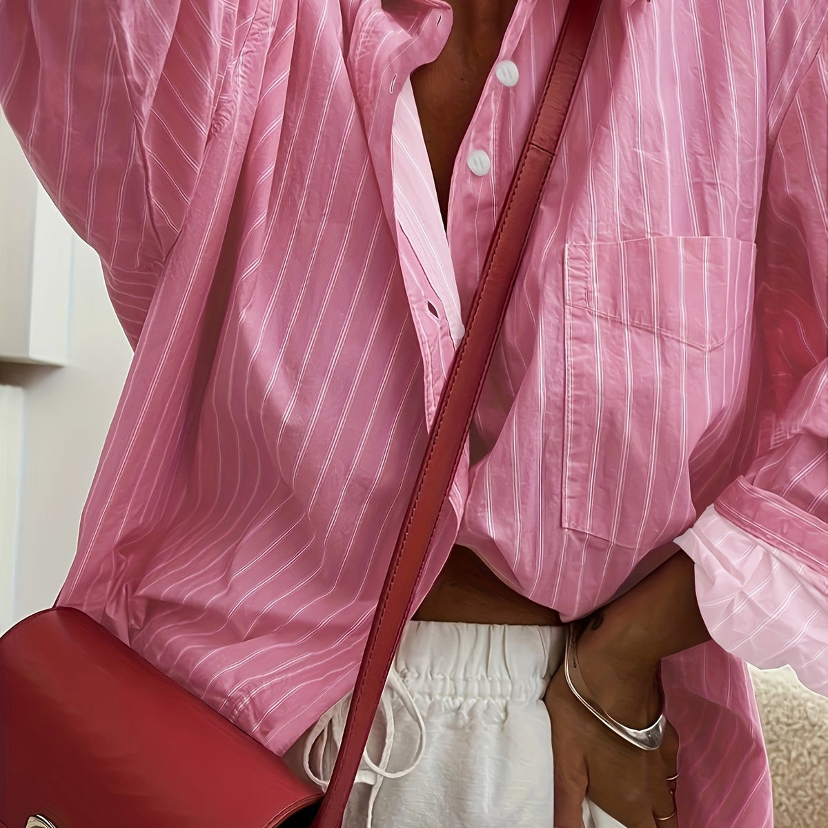  Striped Button Up Long Sleeve Blouse