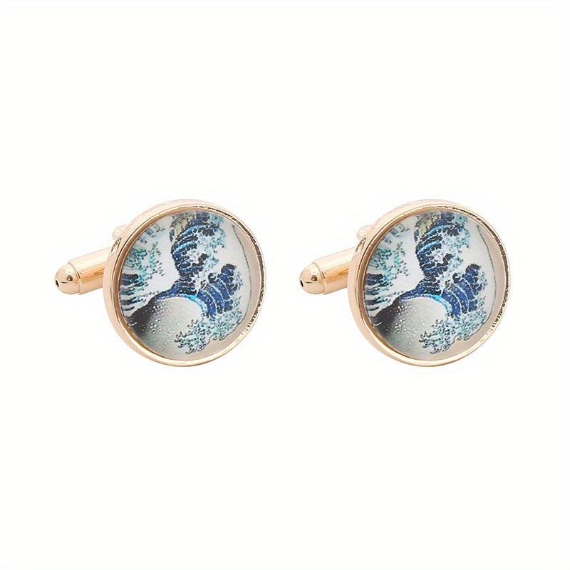 Men's French Cufflinks Tree Of Life World Map Sea Wave Striped Cufflinks
