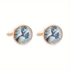 Men's French Cufflinks Tree Of Life World Map Sea Wave Striped Cufflinks