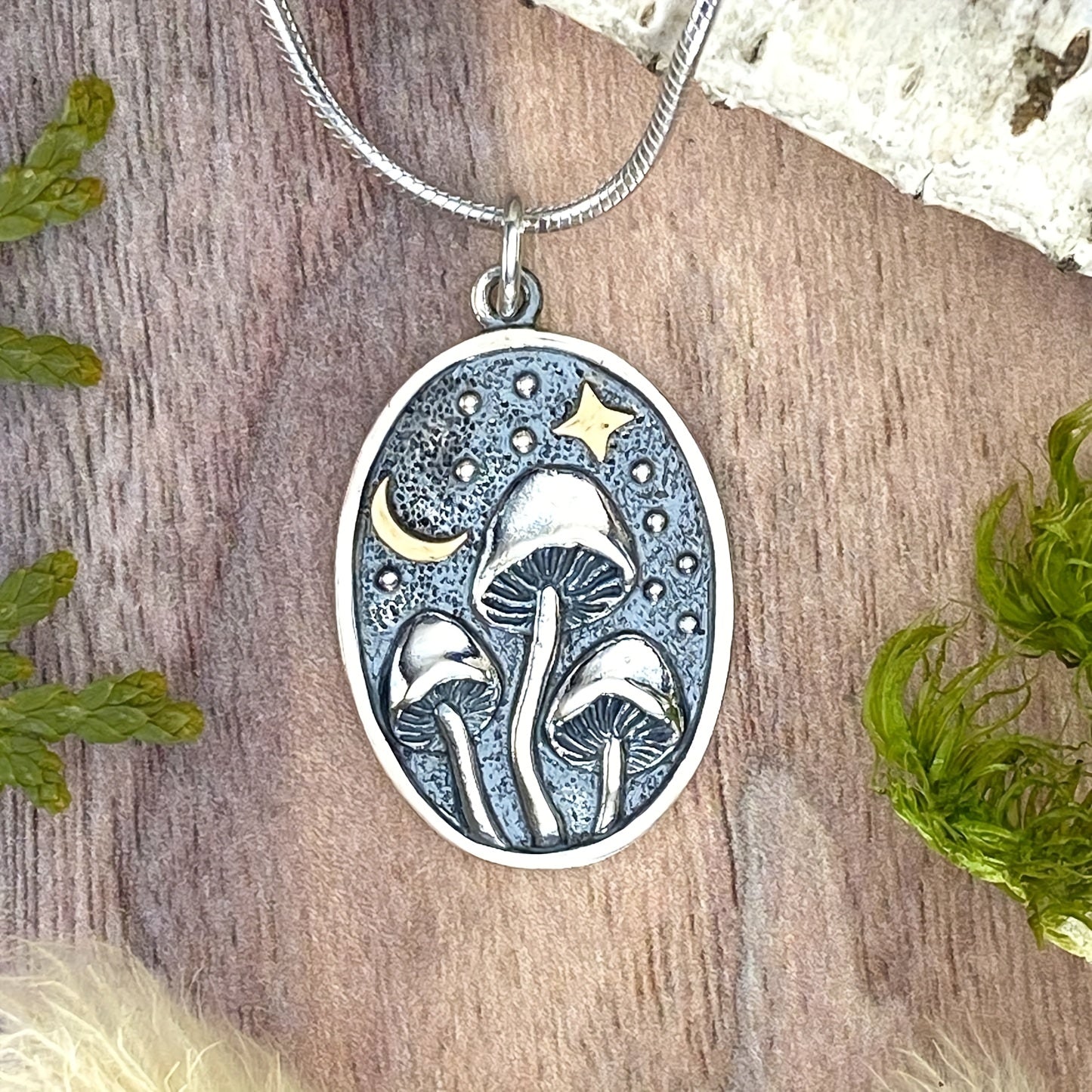 Vintage Mushroom Pendant Necklace Oval Star Moon Mushroom Plant Small Mushroom