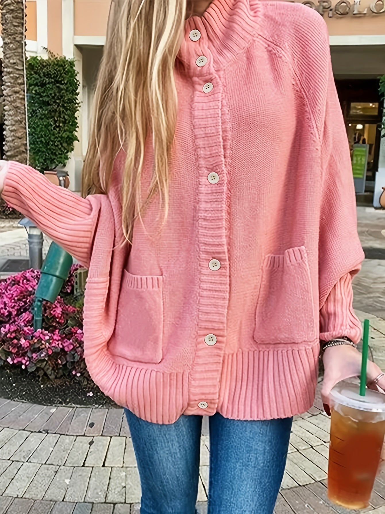  Solid Button Up Long Sleeve Cardigan with Pockets