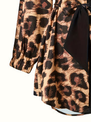  Colorblock Leopard Print Long Sleeve Button Up Tunic Shirt Top
